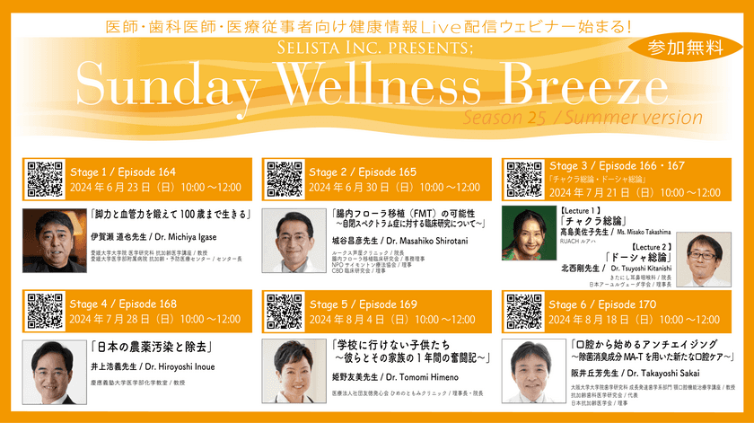 《医師・歯科医師・薬剤師・医療従事者向け
無料オンラインセミナー》
『Sunday Wellness Breeze Season 25』
全6回7講演開催／セリスタ株式会社