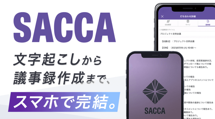 文字起こしから議事録作成までスマホで完結！
AI議事録アプリ「SACCA」を
クラファンで6月30日までお得に販売