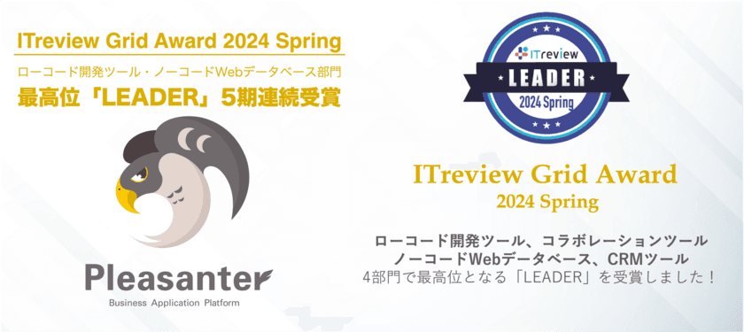 「プリザンター」が「ITreview Grid Award 2024 Spring」の
4カテゴリにおいてアワード最高位「Leader」を5期連続で受賞