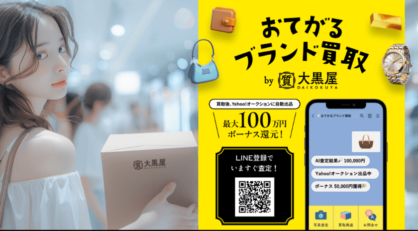 大黒屋とLINEヤフーが
「おてがるブランド買取」概念実証開始！
AI写真即時査定、買取額に加えて
「Yahoo!オークション」落札額に応じた金額を還元！