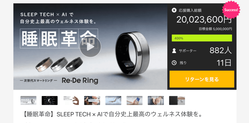 Makuake(マクアケ)で先行販売中の
次世代スマートリング「Re・De Ring」の応援購入総額が、
目標金額の400％となる2,000万円を達成！！