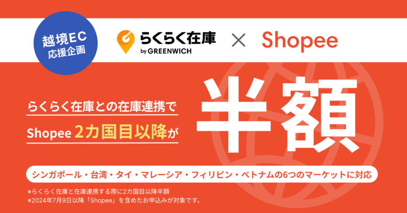 グリニッジが提供する「らくらく在庫」が越境EC
「Shopee」の2カ国目以上半額プランを7月9日よりスタート！