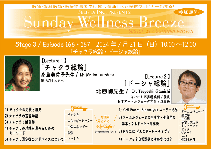 《医師・歯科医師・薬剤師向け》
無料オンラインセミナー7/21(日)朝10時開催　
『チャクラ総論・ドーシャ総論』　
講師：高島 美佐子 先生(RUACH ルアハ)、
北西 剛 先生(きたにし耳鼻咽喉科／院長)