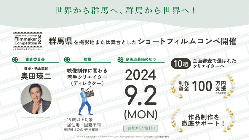 審査委員長は、俳優・映画監督の奥田瑛二氏に！
ぐんま次世代映像クリエイターコンペ
「Gunma Next Generation Filmmaker 
Competition 2024」が、開催決定！