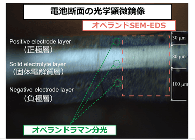 作製した無機系全固体ナトリウム電池断面の光学顕微鏡像およびオペランド分析の観測点