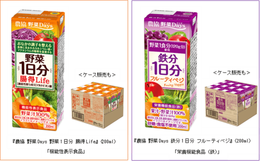 野菜と過ごす健やかな毎日のために
『農協 野菜Days 野菜1日分 腸(ちょう)得(とく)Life』（200ml）新発売
『農協 野菜Days 鉄分1日分 フルーティベジ』（200ml）リニューアル