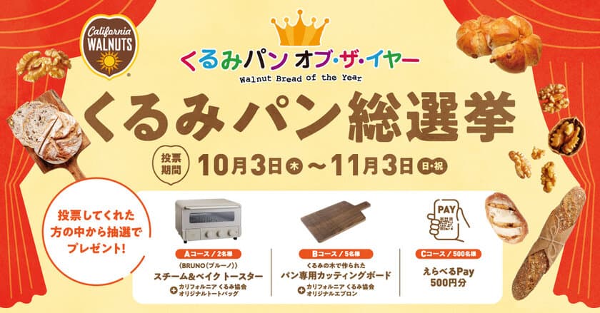 食べたいくるみパンを投票してプレゼントを当てよう！
今年一番人気のくるみパンを決める「くるみパン総選挙」開催中