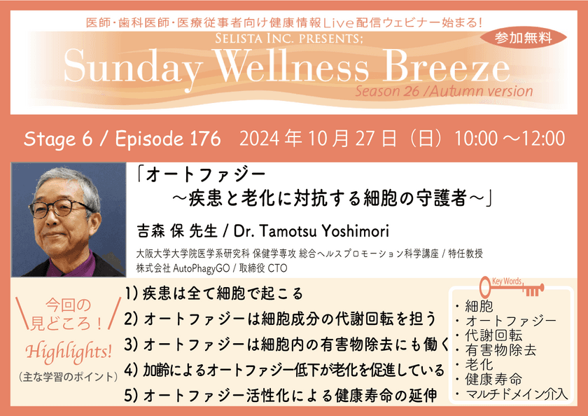 《医師・歯科医師・薬剤師向け》
無料オンラインセミナー 10/27(日)朝10時開催　
『オートファジー ～疾患と老化に対抗する細胞の守護者～』