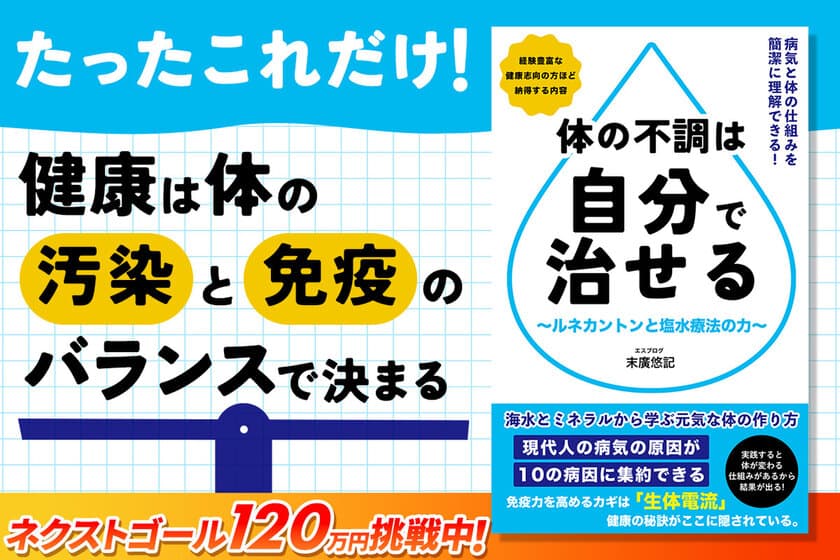 人が病気になる“原因と対策”をわかりやすく解説した書籍の
先行予約販売を「CAMPFIRE」にて10月31日(木)まで実施！　
『体の不調は自分で治せる～ルネカントンと塩水療法の力～』