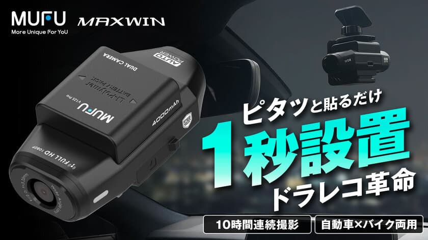 爆発的な人気を誇るMAXWIN×MUFUシリーズ最新作！
自動車とバイク両方使える画期的なドライブレコーダーが
Makuakeで先行販売を開始！