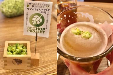 生のホップが出回るこの時期だけのホップトッピングサービス。ビールに1個をのせただけで、ホップの爽やかな香りが通常の何倍にも広がる