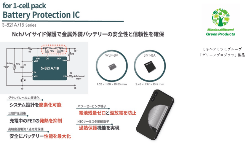 スマホ、ウェアラブル機器向け1セルバッテリー保護IC「S-821A/S-821Bシリーズ」発売