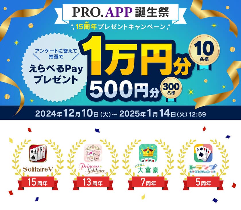 定番ゲームのアプリブランド「PRO.APP」15周年記念　
最大1万円分の「えらべるPay(R)」が当たる
プレゼントキャンペーン開始！