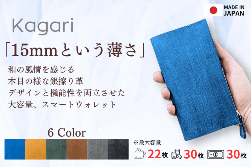 厚さわずか15mm！スリ厶な薄型デザインながら収納力抜群の
長財布「Kagari」CAMPFIREにてクラウドファンディングを開始