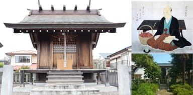 昆陽神社(左)、青木昆陽肖像画(右上)、青木昆陽甘藷試作地(右下)