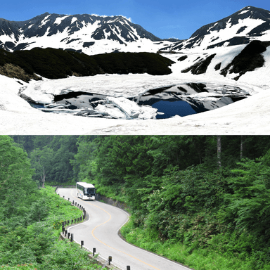 6月は標高によって「雪と新緑」2つの景色が楽しめる　(上)室堂平・みくりが池　(下)立山高原バス道路・桑谷周辺