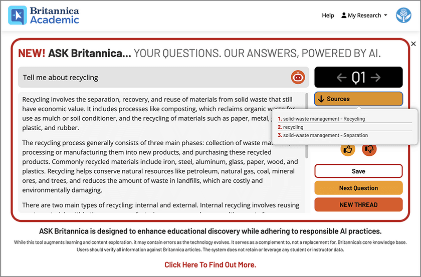 ブリタニカリサーチツール(英語版)に
AI検索アシスト『ASK Britannica』を搭載！
～AIによる高度な検索機能で、
より適切かつ関連性の高い回答を提供～