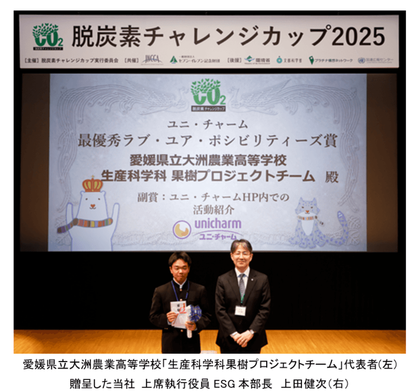 “脱炭素チャレンジカップ2025”
「最優秀Love Your Possibilities賞」に
愛媛県立大洲農業高等学校
『バショウによるCO2削減～脱炭素社会の実現』を選出