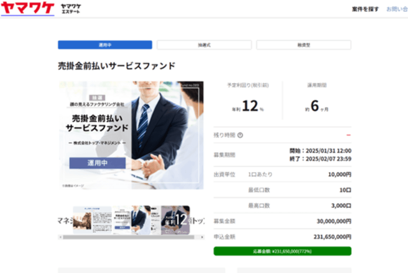 ヤマワケ 投資・配当型クラウドファンディング
『売掛金前払いサービスファンド』！
募集額3,000万円を大きく上回る2億3,165万円(達成率772％)の
申込により、満額で成立しました
