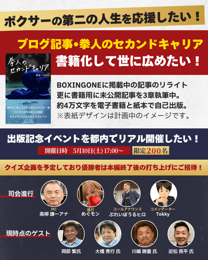 「ボクサーの第二の人生を応援したい！
ブログ書籍化＆出版記念イベント開催」にて目標金額を達成！
ネクストゴールを設定しプロジェクトを3月31日まで実施