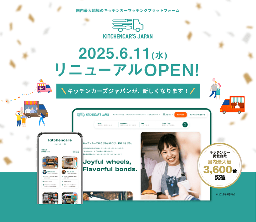全国のキッチンカーを検索・マッチングするプラットフォーム
「KITCHENCAR'S JAPAN」、6月11日に全面リニューアル!