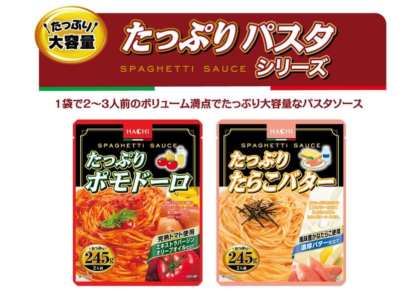大容量パスタソース『たっぷりパスタ』シリーズの新商品
「ポモドーロ」「たらこバター」の2品が9月1日に発売!