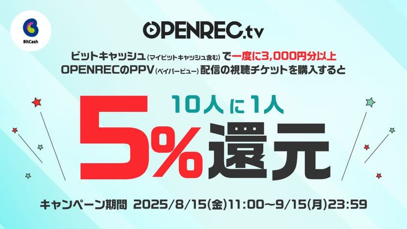ライブ配信プラットフォーム「OPENREC.tv」にて
ビットキャッシュ決済対応
ご利用額5%分が当たる導入記念キャンペーンを開始