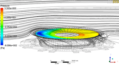 アンシスの流体解析ソフトウェアで予測した屋根上の流線および空気圧