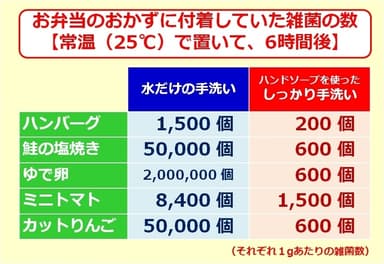 お弁当のおかずに付着していた雑菌の数(6時間後)