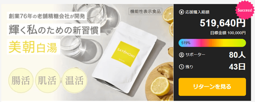 創業76年の砂糖メーカー フジ日本株式会社
機能性表示食品「SAYUNOMI」が公開初日で目標達成!
ーMakuake総合ランキング20位・グルメ部門2位を獲得ー