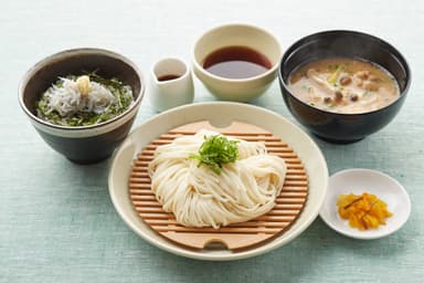 秋田無限堂　稲庭うどん　比内地鶏のつけ汁仕立て＆しらすの2色丼