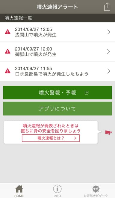 噴火速報アラート 発表履歴画面