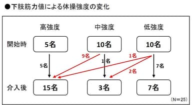 下肢筋力値による体操強度の変化