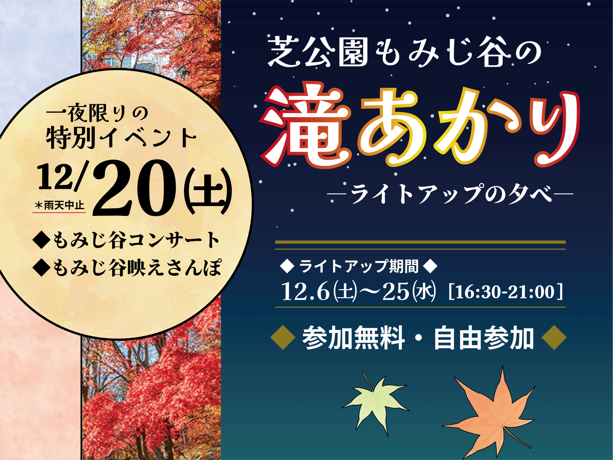 【12/20開催】芝公園もみじ谷の<滝あかり―ライトアップの夕べ―>「もみじ谷コンサート」がさらにグレードアップ!