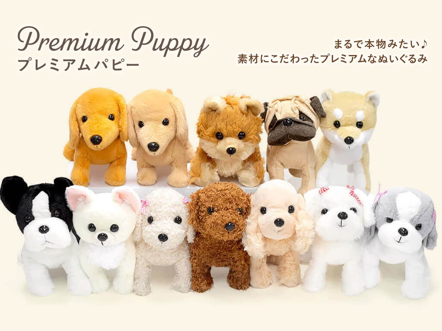 犬好きの心をつかむ新ギフト!リアルな仕上がりの「プレミアムパピー」全12種類のぬいぐるみ電報を新発売、祝電ギフト需要に対応