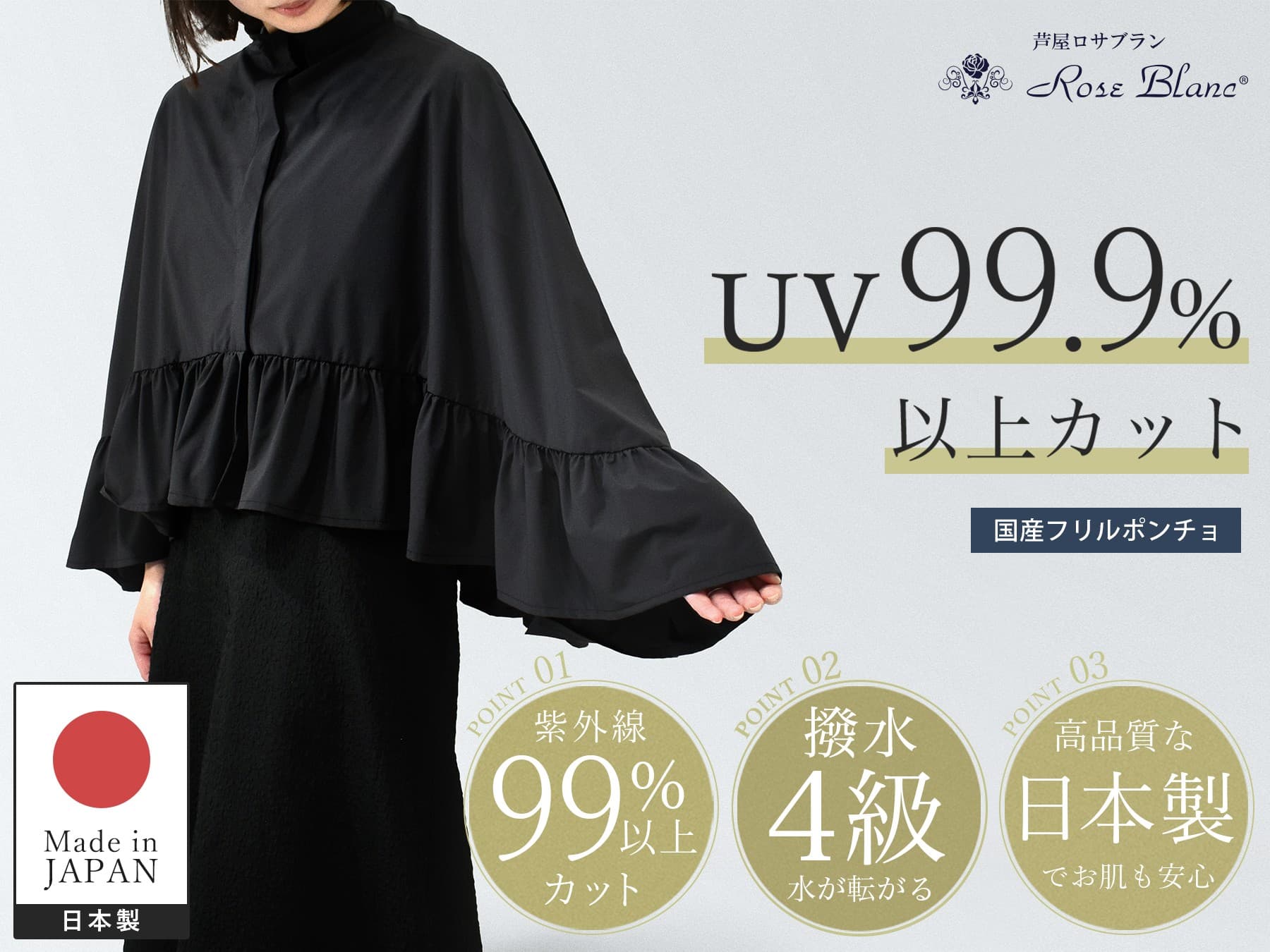 Makuakeに新登場!! 日傘が差せないシーンに「業界最高レベルの99.9%紫外線カットを実現」芦屋ロサブランの「UVカットフリルポンチョ」