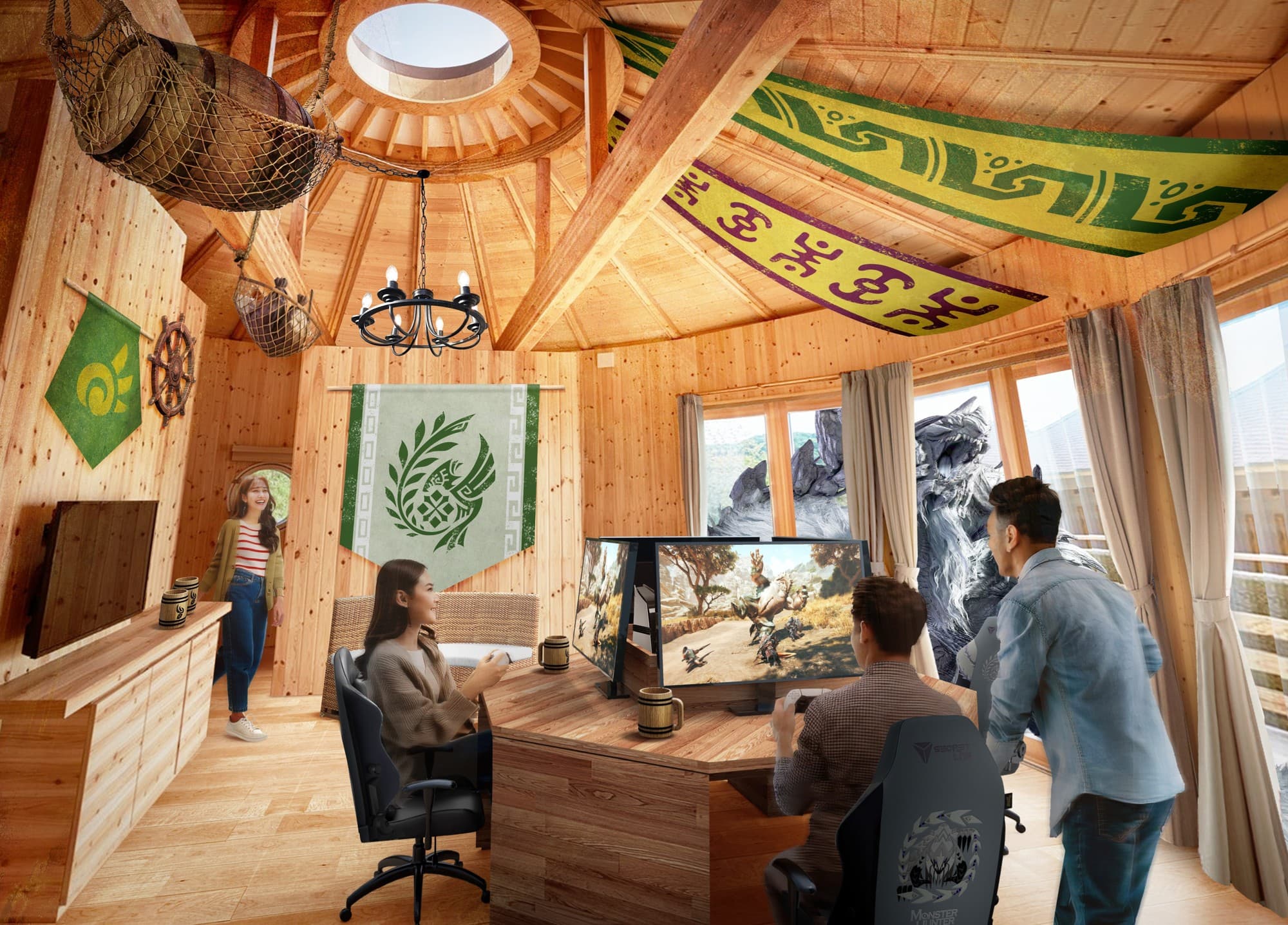 ニジゲンノモリ公式ラグジュアリーヴィラ「GRAND CHARIOT 北斗七星135°」 ハンティングアクションゲーム「モンスターハンター」でゲーム合宿 2つのコラボルーム『集会所のコクーン』『マイハウスのコクーン』 2025年6月20日(金)オープン