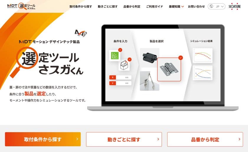 トルクヒンジなどの機構部品の簡単選定を行う
「選定ツール さスガくん」がリニューアル