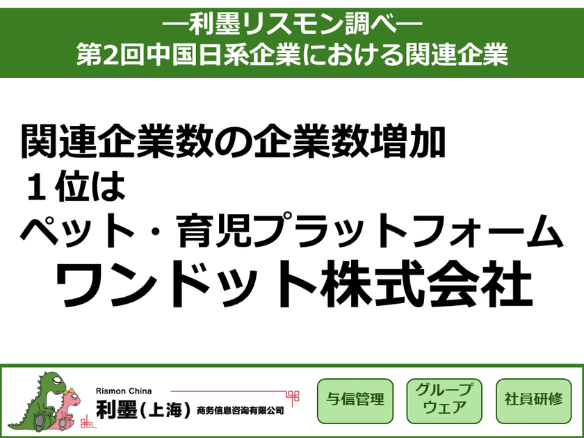 「第2回中国日系企業の関連企業数」調査レポートを発表 
  ~関連企業の増加数1位はペット・
育児プラットフォームを展開するワンドット~