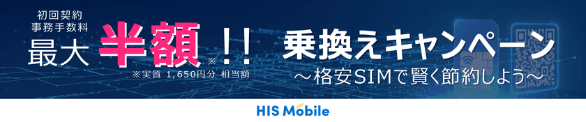 他社から乗換えでeSIMの初期費用が50%OFF!
HISモバイルで期間限定キャンペーンが本日8/27から開始