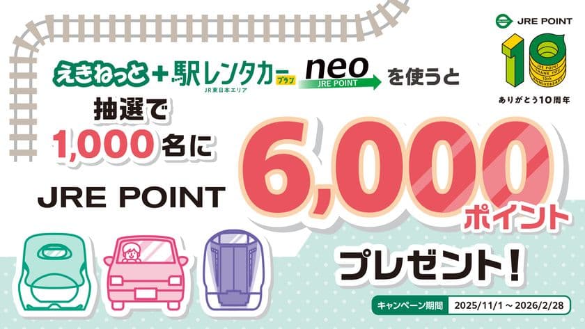 JRE POINT10周年記念「えきねっと+駅レンタカープラン neo」で
毎月6,000ポイント当たる抽選祭!開催