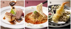 1：フォアグラのポワレ トリュフソース 鴨胸肉のロースト キャビア添え（ディナー） 2：山盛り肉味噌のチーズ坦々麺 KUK（黒旨辛）VS AGK（赤激辛） 3：海老、舞茸、茄子の揚げたて天ぷら 変わり塩で（ディナー）