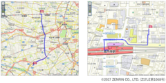 左：駅から会社への徒歩経路の表示例、右：自宅から会社への自動車経路の表示例