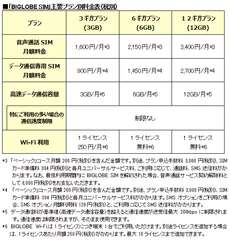 「BIGLOBE SIM」主要プラン別料金表(税別)