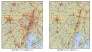 東京都内の平日(左)と休日(右)の昼間人口(12-15時)の比較