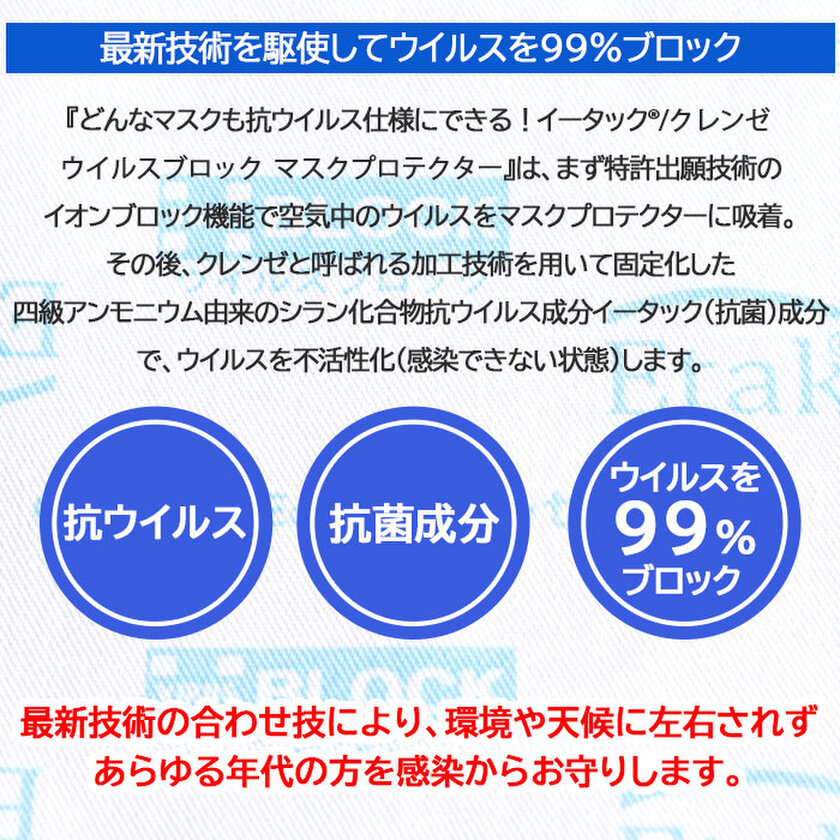 お持ちのすべてのマスクに被せるだけで、ウイルスが99％減少 『どんなマスクも抗ウイルス仕様にできる』イータック(R)/クレンゼ ウイルスブロック  マスクプロテクターを12月15日に発売｜株式会社トラスト化学のプレスリリース