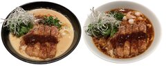 左：「排骨」と「白髪ネギ＆パクチー」をトッピングした坦々麺、右：「排骨」と「白髪ネギ＆パクチー」をトッピングした酸辣湯麺