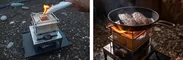 牛乳パックで着火簡単(左)／調理フレームを使った調理