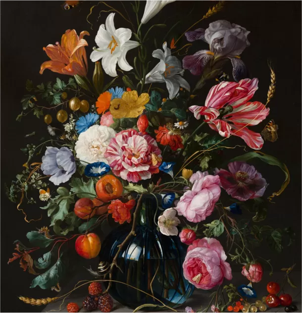 オリジナル ガラスの花瓶に生けた花の静物画（油絵肉筆画）（680×680 ...