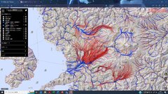 図1　地下水の解析結果の表示例(熊本県の例、青色：表流水、赤色：地下水)